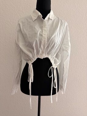 Nasty Gal White Cotton Crop Blouse | Long Sleeve Button Down Tie Waist Top